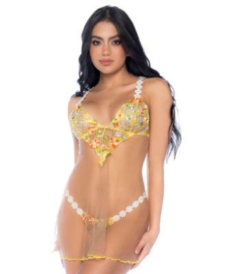 Nuisette transparente brodée jaune et string 